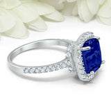 4.5Ct Cushion Cut Blue Sapphire Engagement Ring 14K White Gold Over Round Accent