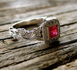 2Ct Princess Cut Pink Ruby Vintage Halo Engagement Ring 14K White Gold Finish
