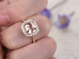 2ct Cushion Cut Peach Morganite Diamond Halo Bezel Set Ring 14k Rose Gold Finish