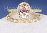 2.5ct Oval Cut Simulated Morganite Milgrain Halo Bridal Set 14k Rose Gold Plated