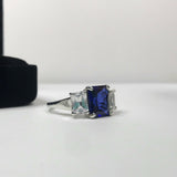2.5ct Emerald Cut Blue Sapphire Trilogy Engagement Ring 14k White Gold Finish