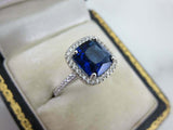 1.7ct Cushion Cut Blue Sapphire Diamond Accents Halo Ring 14k White Gold Finish
