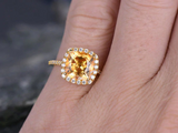 2.4ct Cushion Cut Yellow Citrine Engagement Ring Halo 14k Yellow Gold Finish