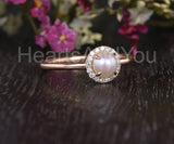 0.3ct Round Simulated Diamond Halo Minimalist Pearl Ring 14k Yellow Gold Plated