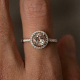 1.6ct Engagement Ring Round Cut Peach Morganite Halo 14k White Gold Finish