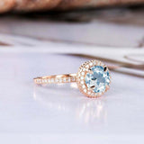 1.5ct Round Cut Blue Aquamarine Engagement Ring Diamond Halo 14k RoseGold Finish