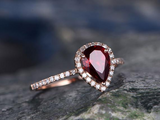 1.4ct Pear Cut Red Garnet Engagement Ring Solitaire Halo 14k Rose Gold Finish
