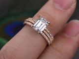 2.5ct Emerald Cut Diamond Engagement Ring Trio Bridal Set 14k Rose Gold Finish