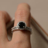 2ct Engagement Ring Round Cut Black Diamond Halo Bridal Set 14k WhiteGold Finish