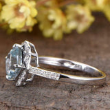 1ct Cushion Cut Aquamarine Engagement Ring Solitaire Floral 14k White Gold Over