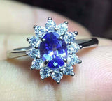 2.35ct Engagement Ring Oval Cut Blue Tanzanite Floral Halo 14k White Gold Finish