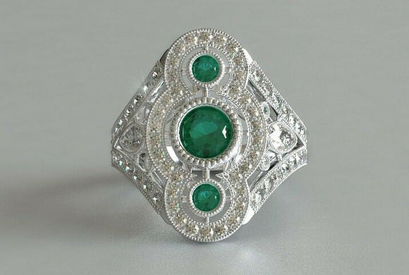 3ct Round Cut Green Emerald Engagement Ring Art Deco Trilogy 14k White Gold Over