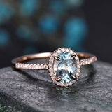 2Ct Oval Cut Blue Aquamarine Halo Solitaire Engagement Ring 18K Rose Gold Finish