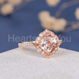 2ct Cushion Cut Simulated Peach Morganite Floral Halo Ring 14k Rose Gold Plated