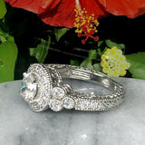1.58ct Round Diamond Engagement Ring Halo Milgrain Vintage 14k White Gold Finish