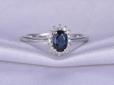 2ct Oval Cut Blue Sapphire Diamond Floral Solitaire Ring 14k White Gold Finish