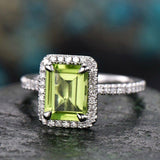 2Ct Emerald Cut Green Peridot Halo Solitaire Engagement Ring 18K White Gold Over