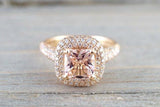 2.5ct Princess Cut Morganite Engagement Ring Cluster Halo 14k Rose Gold Finish