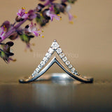 0.08ct Round Cut Moissanite Stackable Double Chevron Band 14K White Gold Plated