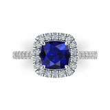 2ct Cushion Cut Blue Sapphire Diamond Halo Bridal Set Ring 14k White Gold Finish