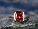 1Ct Cushion Cut Red Garnet Bezel Set Solitaire Engagement Ring 14K Rose Gold Fin