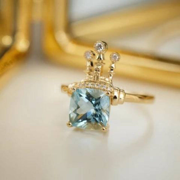 1.1ct Cushion Cut Simulated Aquamarine Royal Queen Castle Ring 14k Gold Plated