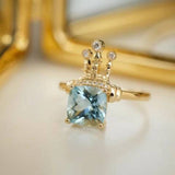 1.1ct Cushion Cut Simulated Aquamarine Royal Queen Castle Ring 14k Gold Plated