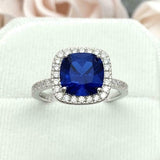 2.4ct Cushion Cut Blue Sapphire Round Diamond Halo Ring 14k White Gold Finish