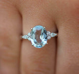 2ct Engagement Ring Oval Cut Blue Aquamarine Diamond Petite 14k WhiteGold Finish