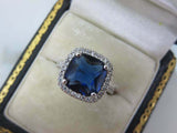 1.7ct Cushion Cut Blue Sapphire Diamond Accents Halo Ring 14k White Gold Finish