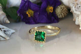 1ct Engagement Ring Princess Cut Green Emerald Crown 14k Yellow Gold Finish