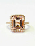 5.5ct Emerald Cut Morganite Exquisite Halo Engagement Ring 14K Rose Gold Finish