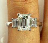 3.5ct Emerald Cut Diamond Classic Trilogy Engagement Ring 18K White Gold Finish