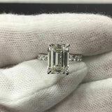 4Ct Emerald Cut Diamond Solitaire Ring 14K White Gold Finish with Round Accents