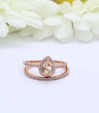 2ct Pear Cut Peach Morganite Engagement Ring Bridal Set Halo 14k RoseGold Finish