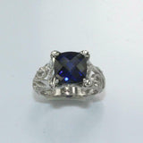 2ct Cushion Blue Sapphire Engagement Ring Milgrain Filigree 14k White Gold Over