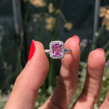 2.55ct Engagement Ring Emerald Cut Pink Sapphire Halo 14k White Gold Finish