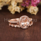 2ct Oval Cut Simulated Morganite Halo Milgrain Bridal Set 14k Rose Gold Plated