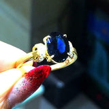 2.2ct Oval Cut Blue Sapphire Solitaire Round Accent Ring 14k Yellow Gold Finish