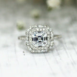 3Ct Asscher Cut DVVS1 Diamond Double Halo Engagement Ring 14K White Gold Finish