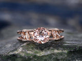 1.5Ct Round Cut Peach Morganite Bamboo Leaf Engagement Ring 14K Rose Gold Finish