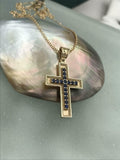1ct Round Cut Blue Sapphire Pendant Chain Milgrain Cross 14k Yellow Gold Finish