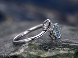0.9Ct Oval Cut Blue Aquamarine Bypass Leaf Engagement Ring 14K White Gold Finish