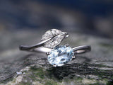 0.9Ct Oval Cut Blue Aquamarine Bypass Leaf Engagement Ring 14K White Gold Finish
