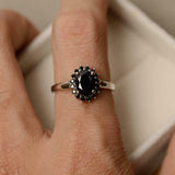 1.5ct Engagement Ring Oval Cut Black Diamond Floral Halo 14k White Gold Finish