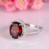 2.3ct Oval Cut Red Garnet Engagement Ring Halo Split Shank 14k White Gold Finish