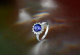 2.3ct Engagement Ring Round Cut Blue Sapphire Halo Floral 14k White Gold Finish