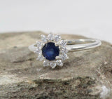 2.2ct Engagement Ring Round Cut Blue Sapphire Floral Halo 14k White Gold Finish