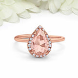 3ct Pear Cut Morganite Engagement Ring Diamond Halo Minimalist 14k RoseGold Over