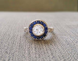 2Ct Round Cut Diamond Blue Sapphire Halo Engagement Ring 18K White Gold Finish